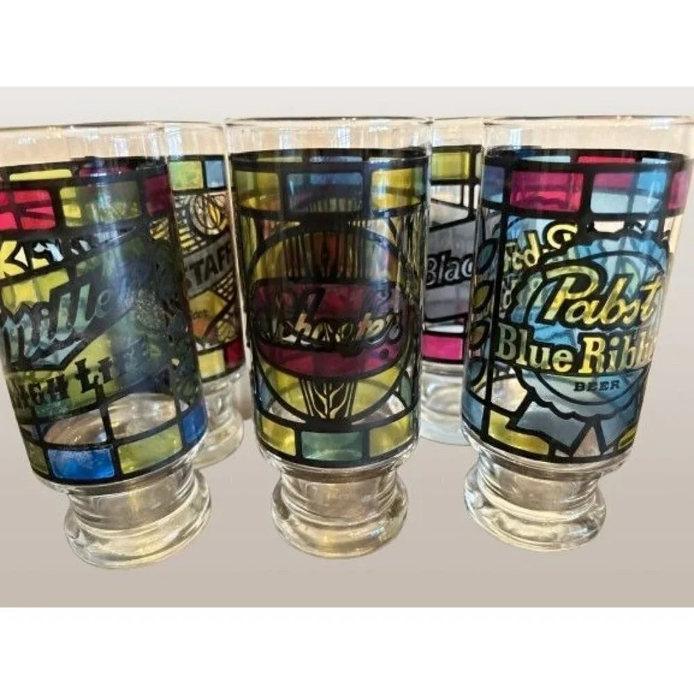 Set of 6 Anchor Hocking Beer Glass Circa 1970 Tumblers Stain Glass 6.5